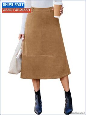Faux Suede Midi Skirt A-Line High Waisted Pockets Fall Work Office